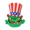 Cute green cartoon monster wearing Uncle Sam hat. Design character for American Independence Day. Vector illustration