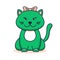 Cute green cat, cartoon linear art, animal sketch. Vector illustration of little smile kitten girl in pink bow on her head, flat