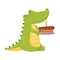 Cute green crocodile holds a cake. Vector illustration on a white background.