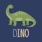 Cute green diplodocus with small head, long tail and lettering DINO