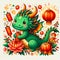 A cute green dragon as the wood element of chinese new year, with firecrackers, red lampion, blossoms flower, cartoon