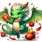 A cute green dragon in a dynamic pose, dancing with happily, holding a red envelope, lampion, new year eve, anime art