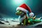 cute green dragon in santa hat, symbol 2024 new year on winter background created with generative ai technology