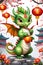 A cute green dragon, standing on a stone in ancient time, holding a mandarin orange fruit, with beautiful sakura flower