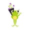 Cute Green Flog Holding Flowers on Stalk Hiding It Behind Its Back Vector Illustration