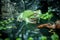 A cute green frog and its reflection in the water among the rocks, wood and leaves