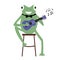 A cute green frog sits on a chair and plays the ukulele