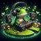 A cute green froggy's DJ, with lily pad as the booth, miniature spkeakers, mushtooms, fireflies, cartoon style, digital art