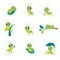 Cute Green Grasshopper Character Engaged in Different Activity Vector Set