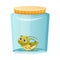 Cute green grasshopper sitting jar. Funny baby insect mascot cartoon character vector illustration