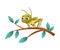 Cute green grasshopper sitting on tree branch. Funny baby insect mascot cartoon character vector illustration