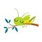 Cute green grasshopper sleeping on tree branch. Funny insect in its everyday activities cartoon vector illustration