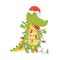 Cute green humanized crocodile is wrapped in a garland. Vector illustration on a white background.