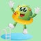 Cute green monster swimming with wearing rubber duck tube