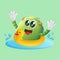 Cute green monster swimming wearing rubber duck tube