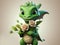 Cute green oriental dragon with bouquet of flowers
