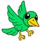 Cute green parakeet flying, doodle icon drawing