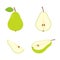 Cute green pear set. Slice, whole and half fruit group.