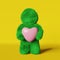 Cute green plush Yeti heart 3d rendering Love Date Valentines day yellow background Modern creative social media content
