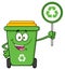 Cute Green Recycle Bin Cartoon Mascot Character Holding A Recycle Sign