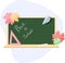 Cute green school board with ruler triangle, piece of chalk, paper airplane, maple leaves on blue background. Chalk lettering Back