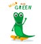 Cute green smiling crocodile with big teeth on skateboard waving hand. With sign Wild and green. Perfect for child