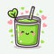 Cute green smoothie cartoon character with hearts, healthy diet drink, kawaii vector illustration, generative ai