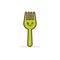 Cute green steel fork cartoon comic character with smiling face happy emoji kawaii style food dinning concept