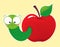 Cute green worm in red apple. Back to school character smart catterpillar animal illustration