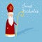 Cute greeting card with Saint Nicholas with mitre and pastoral staff. European winter tradition. Hand drawn design