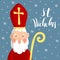 Cute greeting card with Saint Nicholas with mitre, pastoral staff and falling snow.