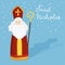 Cute greeting card with Saint Nicholas with mitre, pastoral staff and falling snow. European winter tradition. Hand