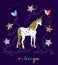 Cute greeting card with starry unicorn, wonderful star shaped balloons, text i love you isolated on purple background