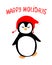 Cute greeting postcard with dreaming dancing penguin in knitted red cap in cartoon style. With Happy Holidays text. On