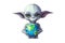 Cute Grey Baby Alien Holding Earth Globe in His Hands. Generative AI