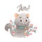 Cute Grey Cat with Flowers and Neck Collar Waving Paw Saying Hello Vector Illustration