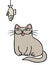 Cute grey cat sits and looks at the hanging dried fish. Vector illustration.