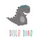 Cute grey dinosaur with stars glasses and lettering `Disco Dino`. Vector illustration in trendy childish style