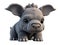 Cute grey furry puppy rhino on a transparent background