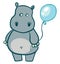 Cute grey hippo with blue balloon vector illustration