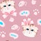 Cute grey kittens. Seamless pattern. Watercolor illustration. Isolated on a pink background.
