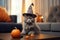 Cute grey kitty wearing a witch hat for Halloween at home. Generative AI