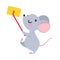 Cute Grey Little Mouse Traveler Taking Selfie with Smartphone and Stick Having Journey on Vacation Vector Illustration