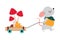 Cute Grey Mouse as Forest Animal Pulling Trolley with Mushrooms Vector Illustration