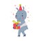 Cute Grey Tapir Animal with Proboscis Wearing Birthday Hat Carrying Gift Box Vector Illustration