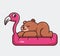 cute grizzly bear brown sleeping on flamingo bed. cartoon animal nature concept Isolated illustration. Flat Style suitable for