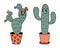 Cute groovy cactus cartoon character set.