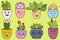 Cute groovy cartoon stickers succulent plant character.