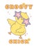 Cute Groovy Easter Chick wears star glasses. Playful cartoon doodle animal character hand drawing