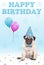 Cute grumpy faced pug puppy dog with party hat, balloons, confetti and text happy birthday, on blue background